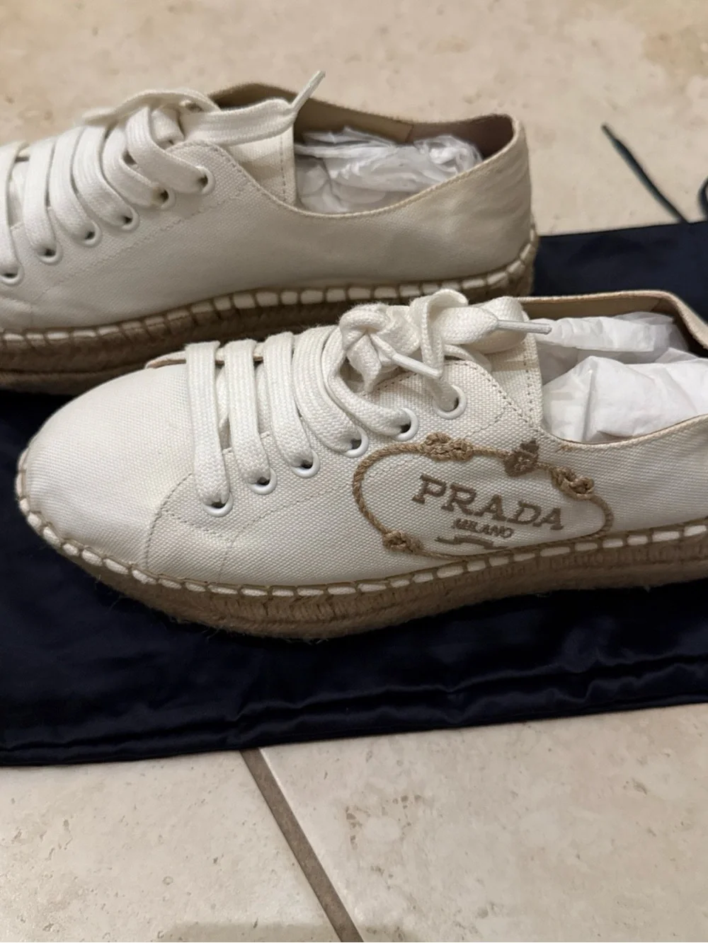 PRADA White Leather Espadrille Platform Sneaker with Jute Sole 38